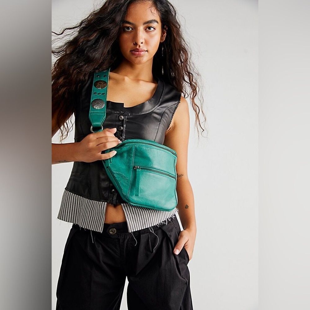 FREE PEOPLE WILDER EMBELLISHED SLING BAG GREEN NWT